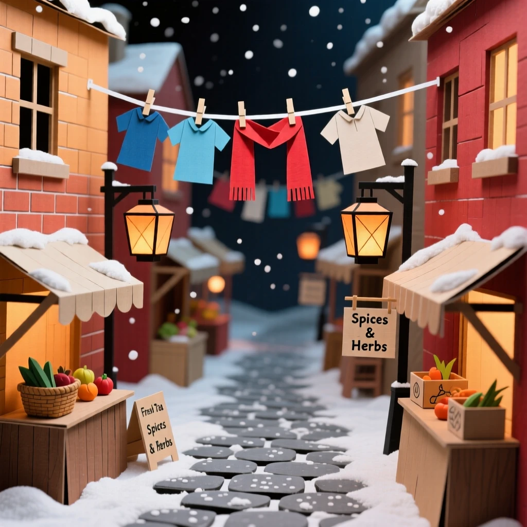 A bustling night market street dusted lightly with fresh snow, with laundry lines strung between windows, evoking wanderlust and cultural charm.