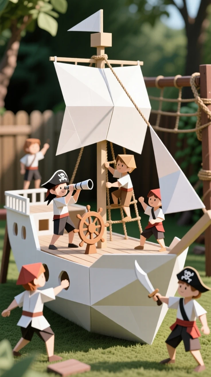 A group of children playing pretend pirates on a backyard jungle gym ship.