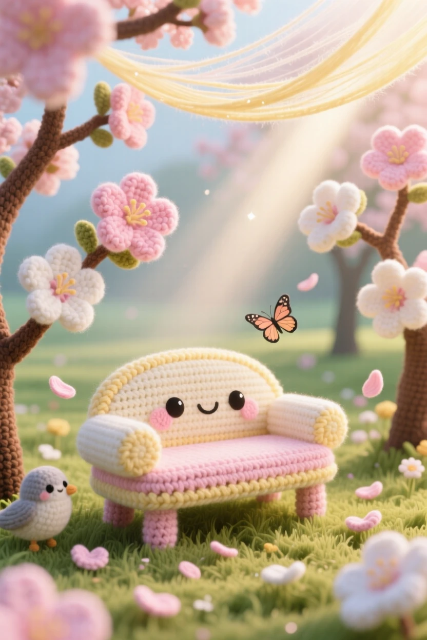 A picturesque scene featuring a field of blooming cherry blossoms, with petals drifting on a light breeze, framing a quiet garden bench under a canopy of soft morning mist, accompanied by a soft beam of light breaking through the trees, capturing peaceful, untouched natural beauty.