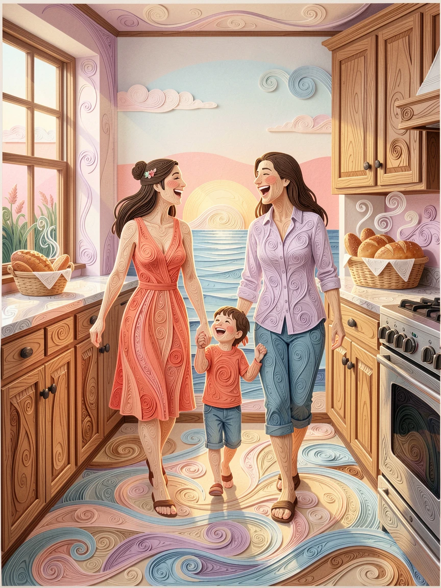 A heartwarming moment of a family walking hand in hand along a beach at sunset in a cozy kitchen filled with the smell of fresh bread, in tender pastel morning light, captured mid-laugh in a candid, joyful moment.