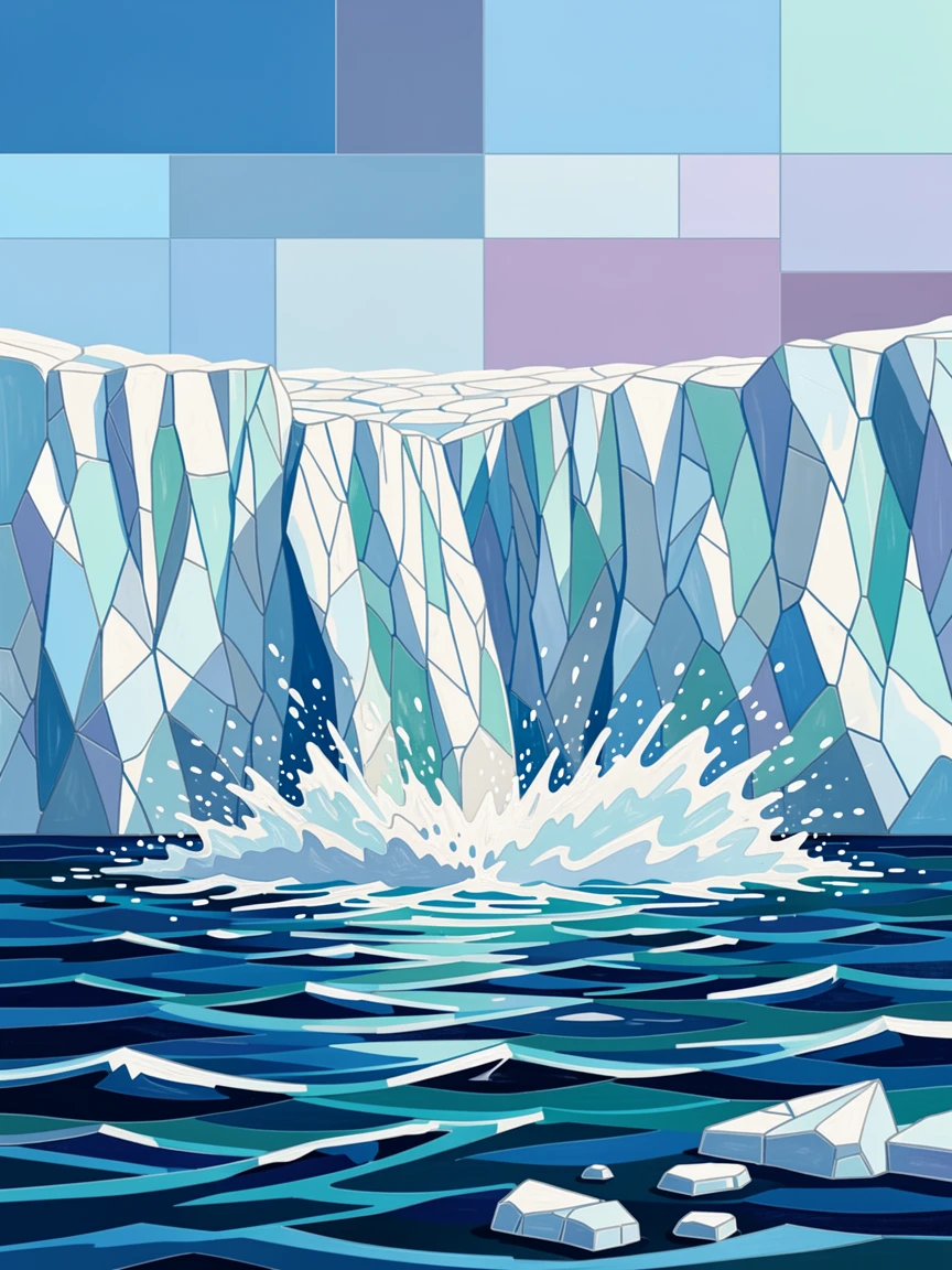 A glacier calving into deep blue arctic waters.
