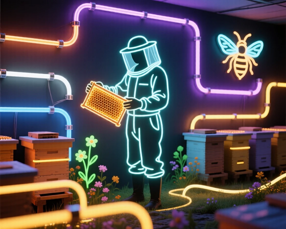 A wide shot of a beekeeper standing in the environment where they work.