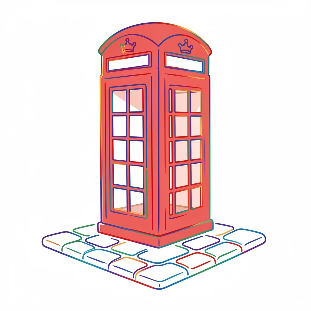 A vintage red telephone booth standing on a quiet cobblestone corner.