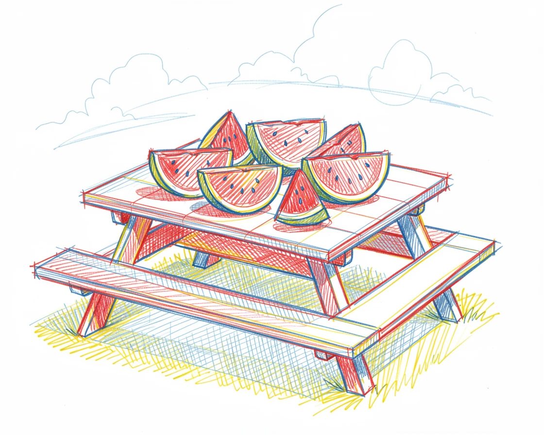 A picnic table piled with fresh watermelon slices on a summer day