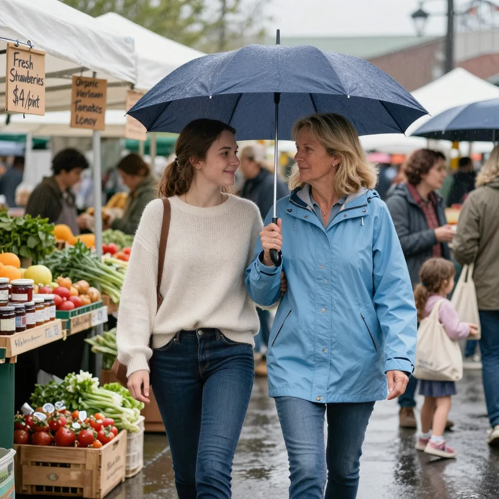 A mother and her adult daughter share an umbrella while walking arm in arm through a farmers market.