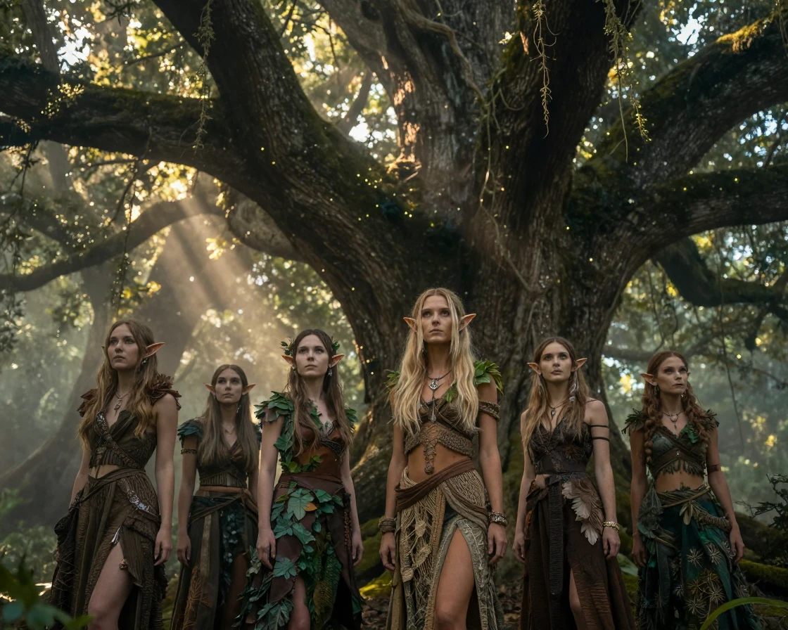 A band of forest elves standing beneath the branches of a world tree
