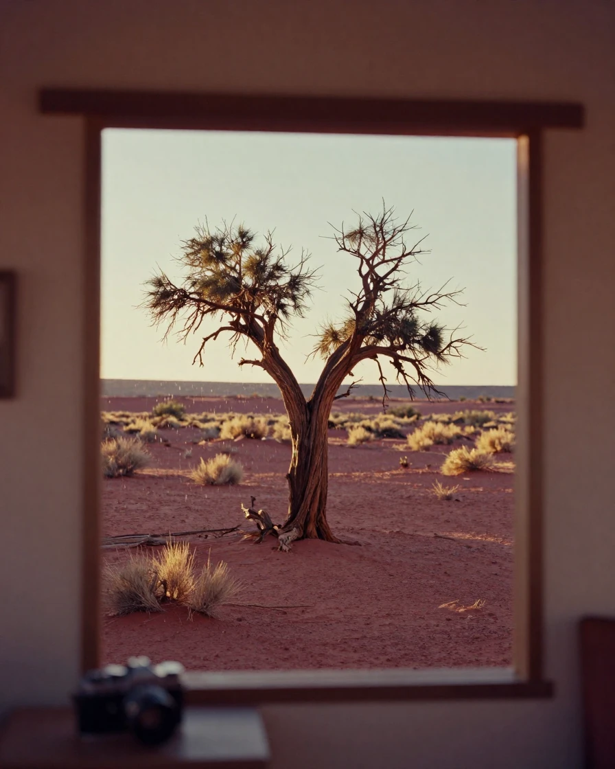 A single weathered tree standing alone in a red desert landscape, in warm morning light, under a light drizzle, in early spring, with rich burgundy and gold accents, viewed from across the room.