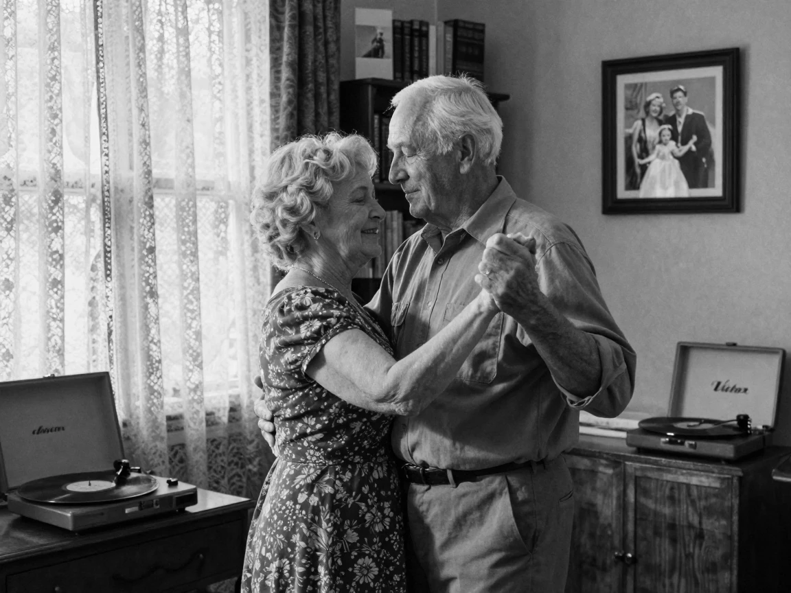An old couple dances slowly to a favorite old song in a modest living room.
