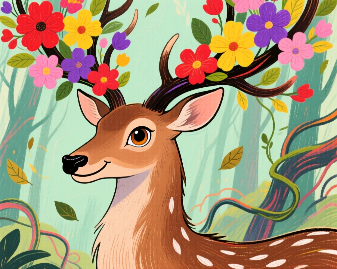 A forest guardian spirit shaped like a deer with antlers made of blooming flowers.