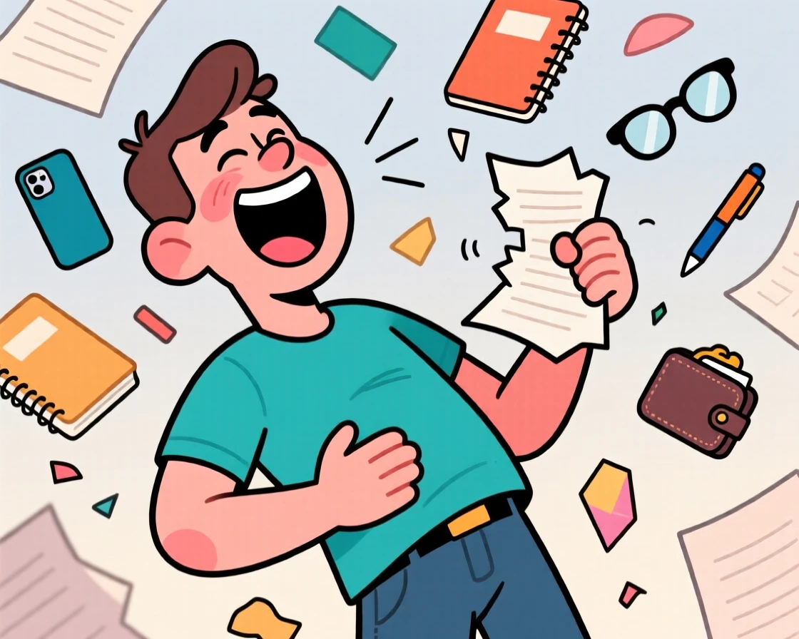 A funny expressive moment showing a man laughing uncontrollably at their own joke, as papers and belongings scatter everywhere.