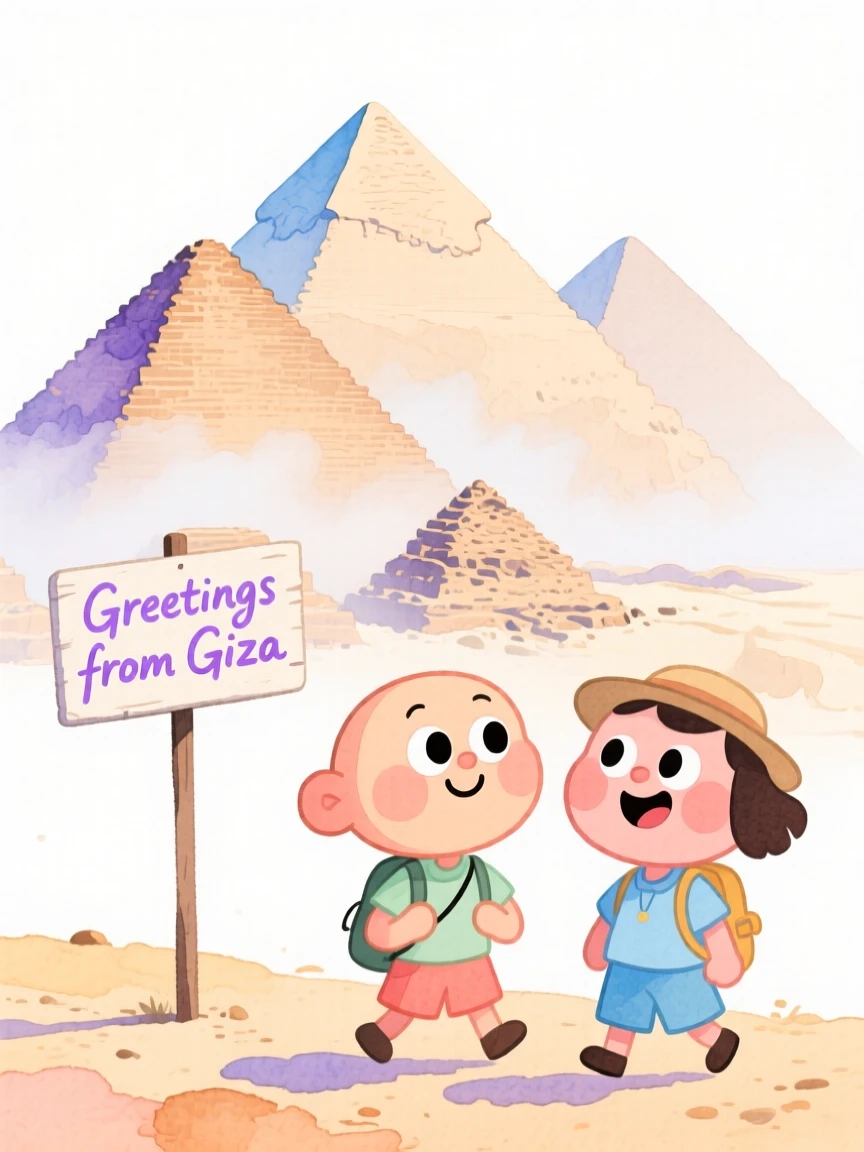 A dreamy travel postcard scene of the pyramids of Giza wrapped in gentle morning mist