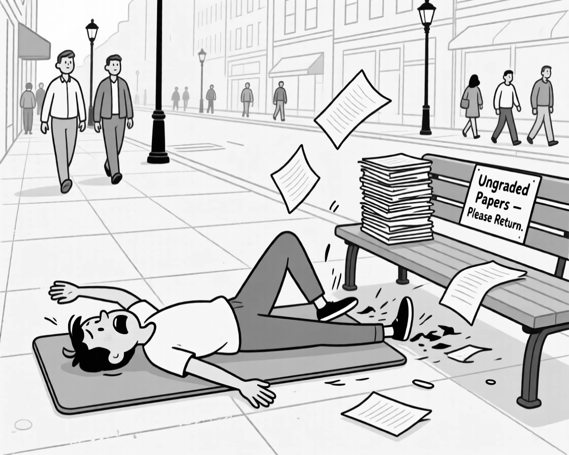 A person trying to act natural after tripping in public, sprawling flat on the gym mat in exaggerated defeat, set on a busy morning sidewalk. A stack of ungraded papers teeters nearby. The scene captures the comedy hidden in ordinary days.