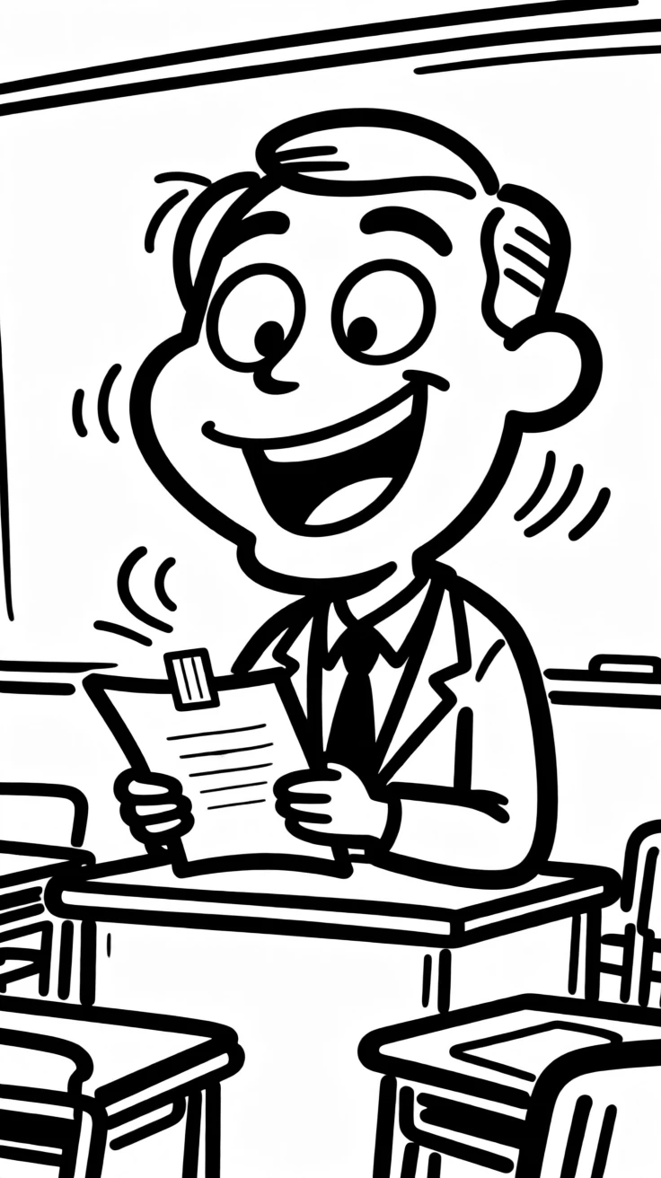A teacher reading a hilarious note passed in class, trying not to laugh.