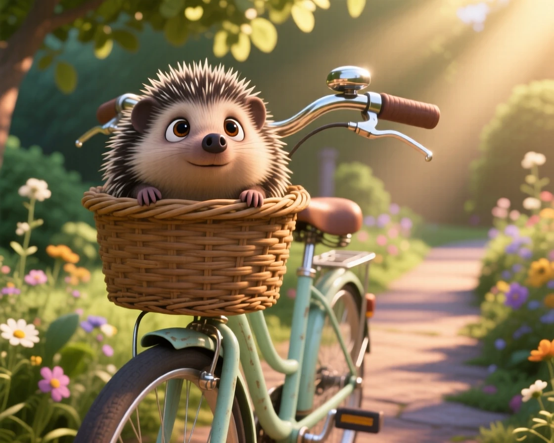 A tiny hedgehog is sitting in a vintage bicycle basket, looking up with big curious eyes. The scene feels warm and heartwarming, with soft light catching its fur.