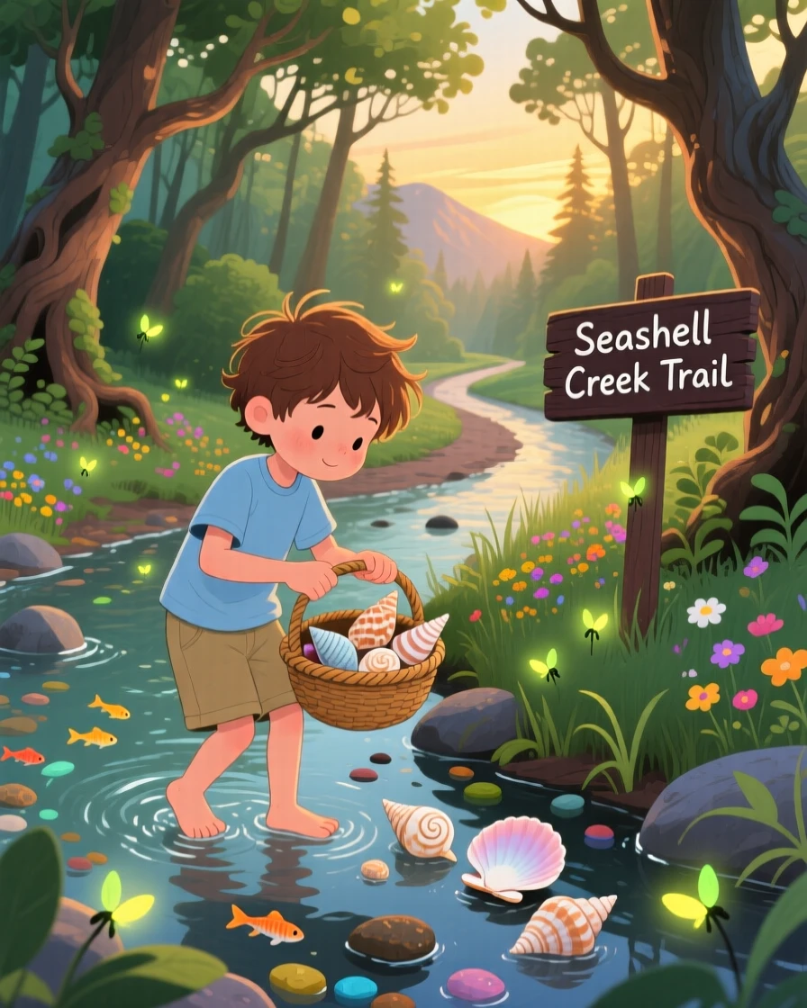 A boy collecting seashells spends the day wading through a shallow mountain stream through a winding forest path, as fireflies begin to appear at dusk.