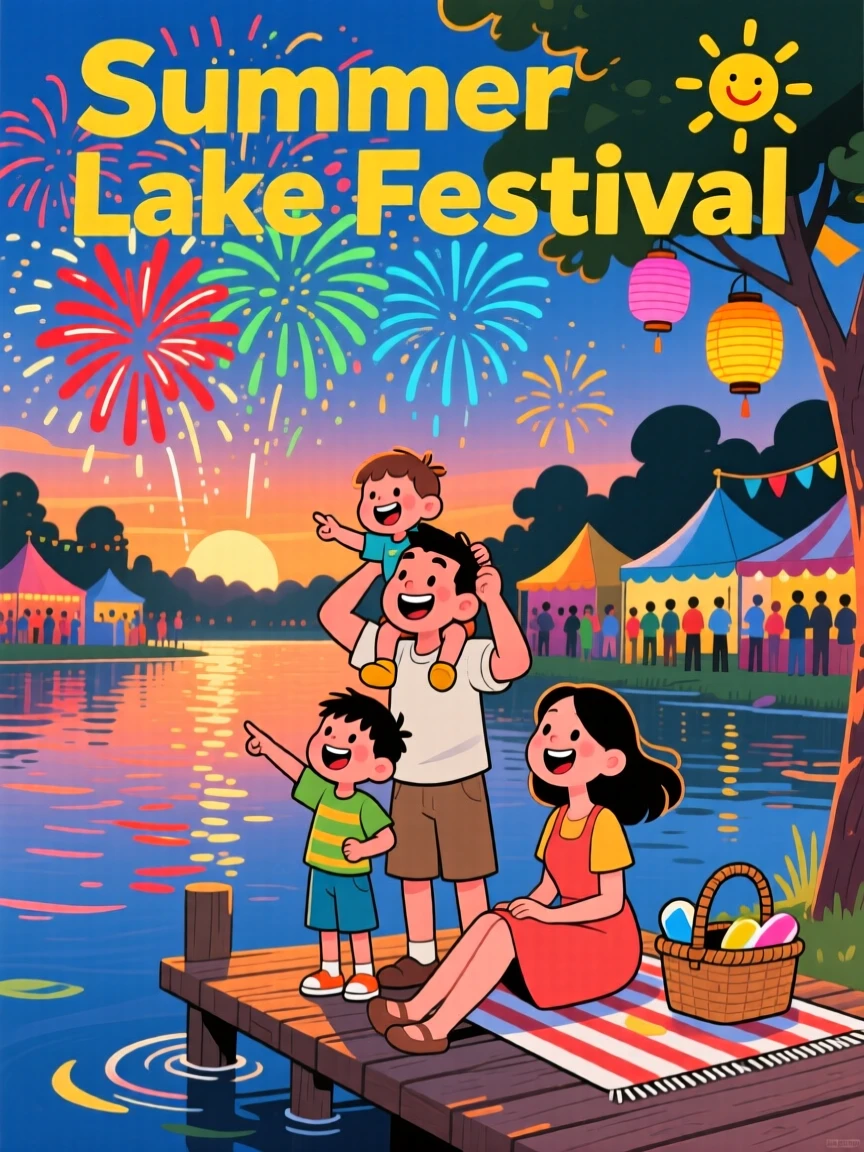 A family enjoying fireworks over water during a summer lake festival.