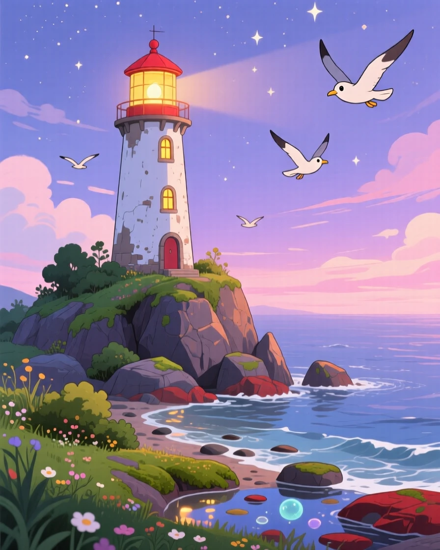 A charming view of a lighthouse standing watch on a rocky point, with warm light glowing from every window.