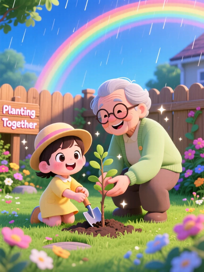 A child and grandparent planting a tree together, framed as a dynamic diagonal composition within a sunny backyard garden, under a rainbow after the rain, glowing under cool blue twilight glow, evoking giggling amusement.