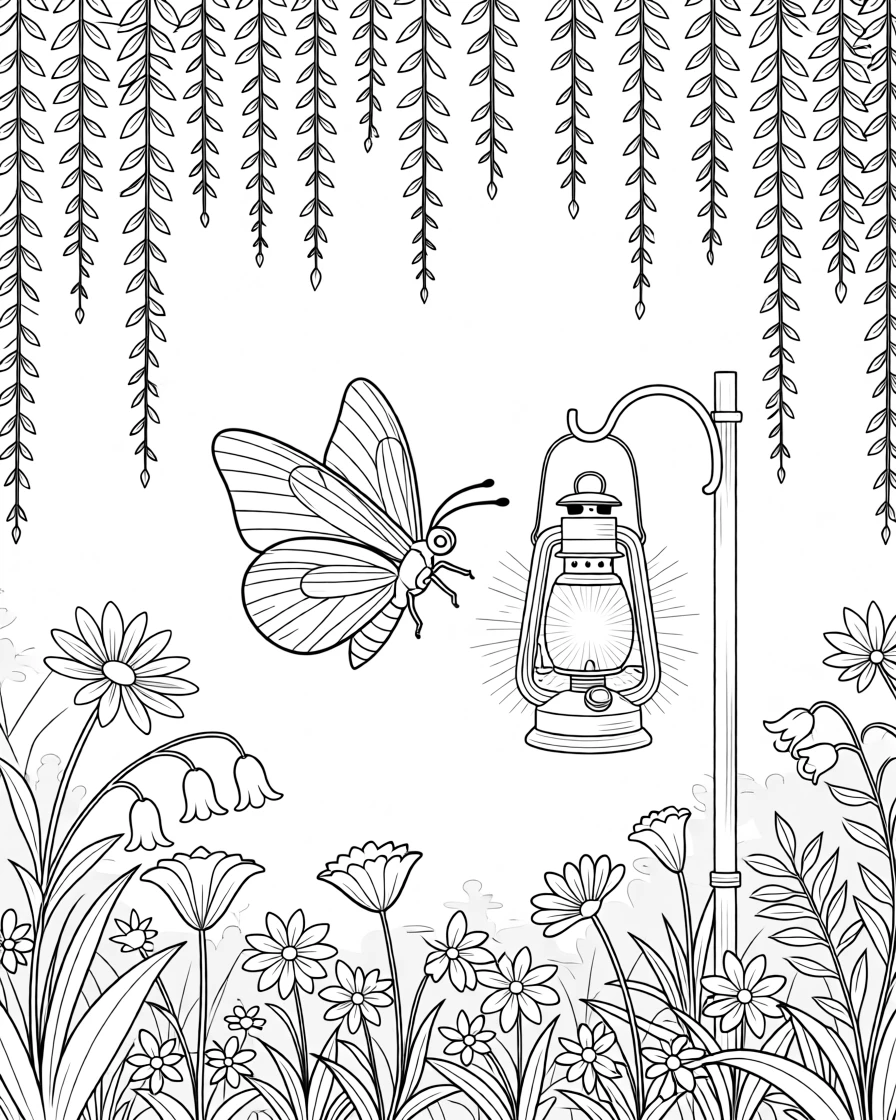 A moth drawn toward a glowing lantern at night, framed by hanging vines and wildflowers.