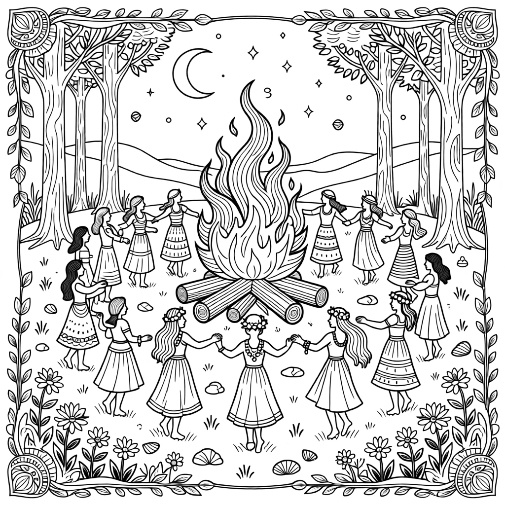 A summer solstice bonfire scene with dancers silhouetted against flames.