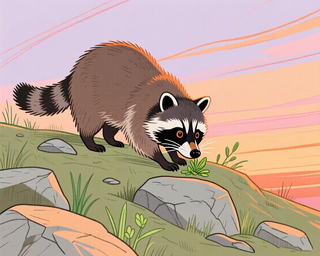 A curious raccoon grazing on a rocky hillside at sunset.
