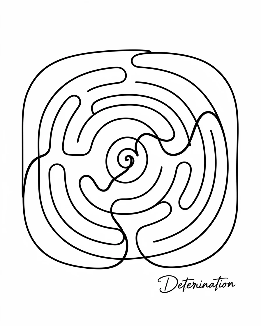 A maze viewed from above with a single path leading to the center, representing determination