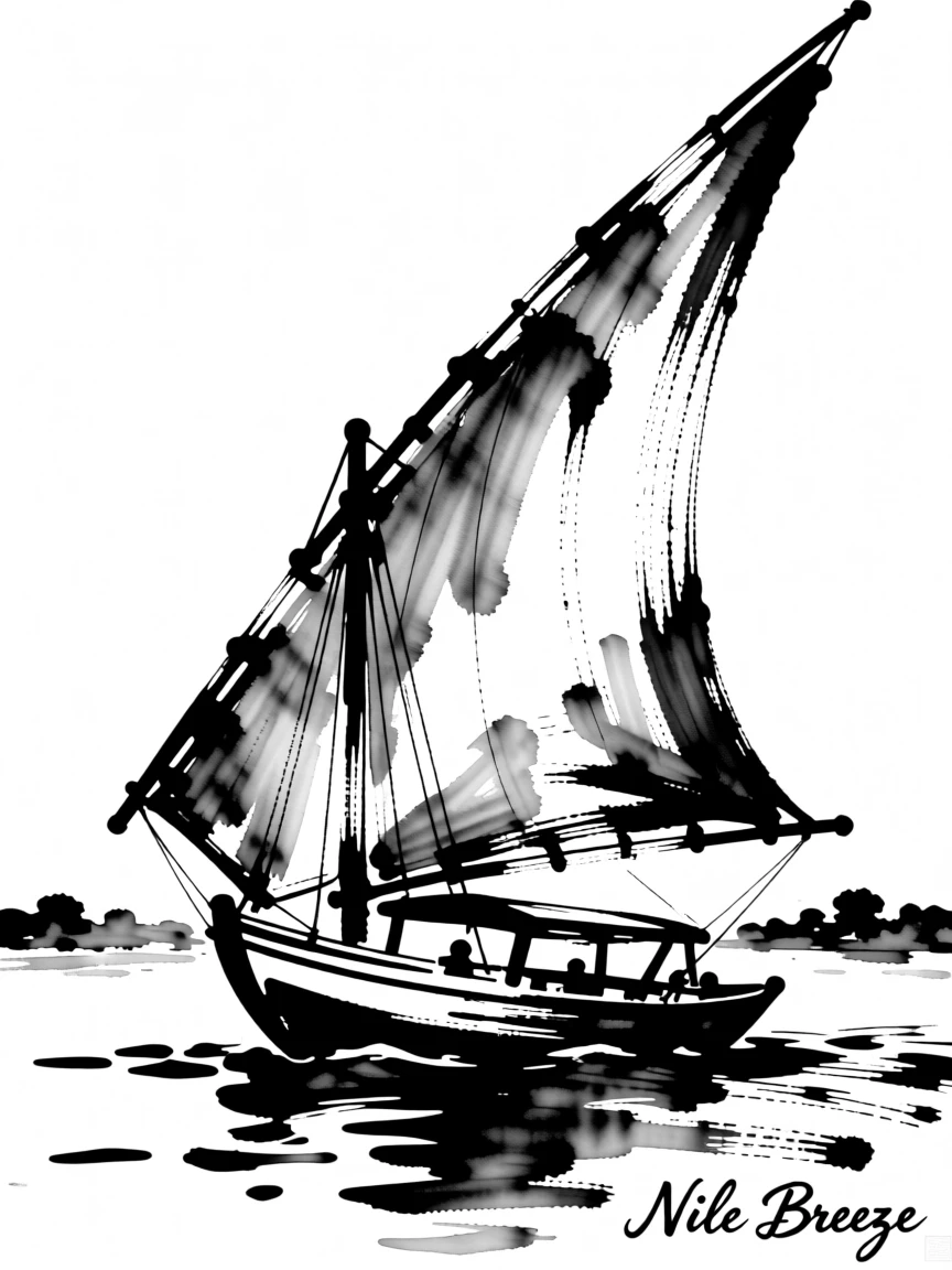 A traditional Egyptian felucca sailboat drifting along the Nile at sunset.