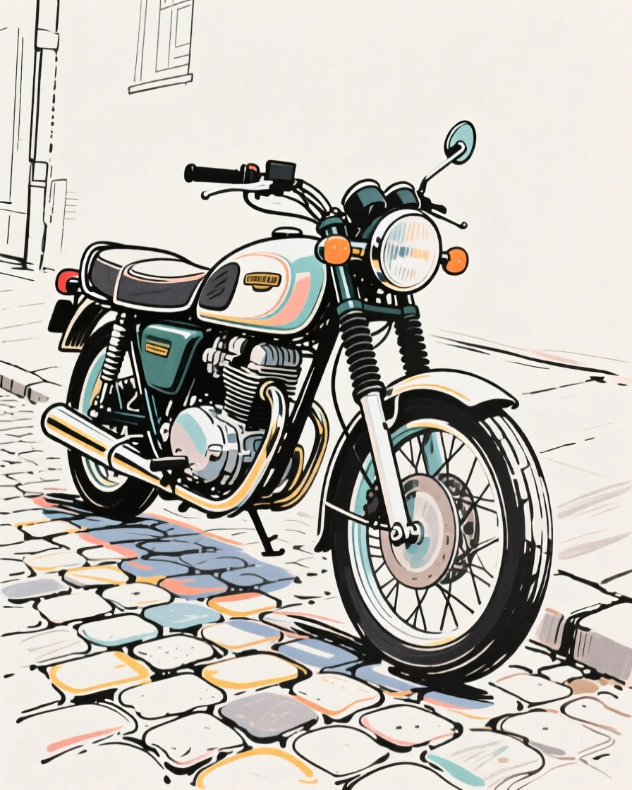 A vintage motorcycle parked on a quiet cobblestone street.