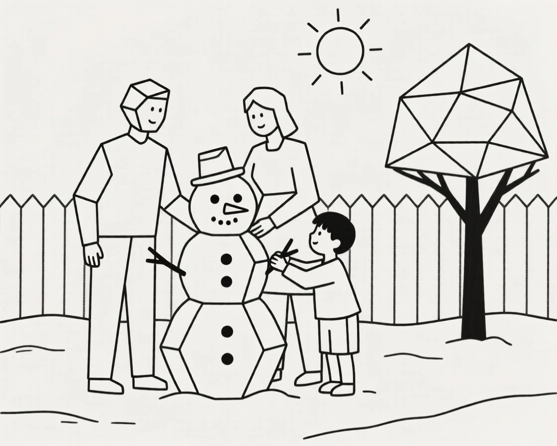 A family building a snowman together in the yard