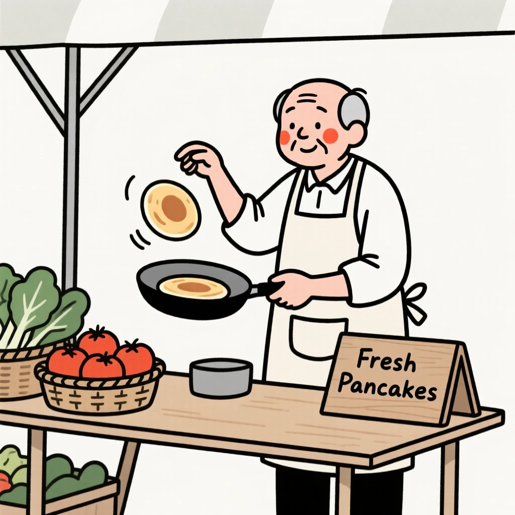An elderly man flipping pancakes on a lazy morning, at a countryside farmers market.