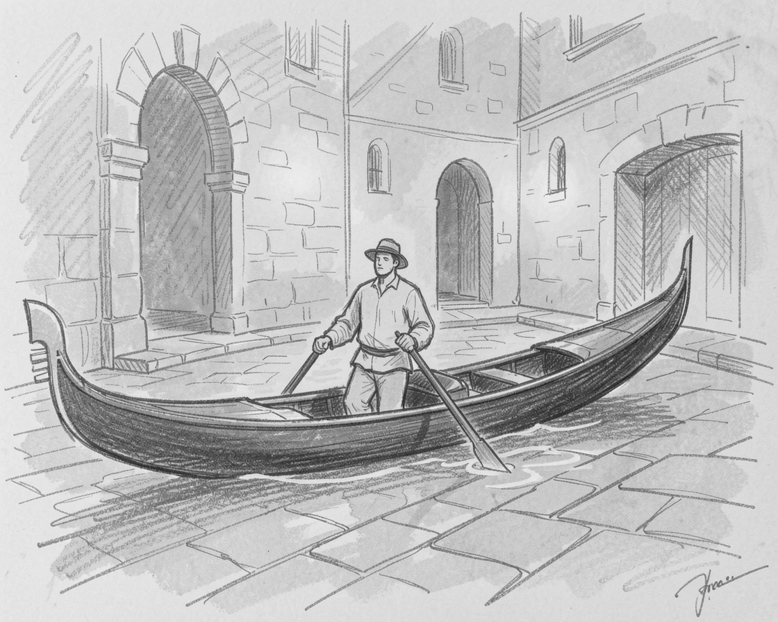 A rich travel moment capturing a lone gondolier rowing a narrow boat in a warmly lit courtyard, with the warm glow of dusk settling in.