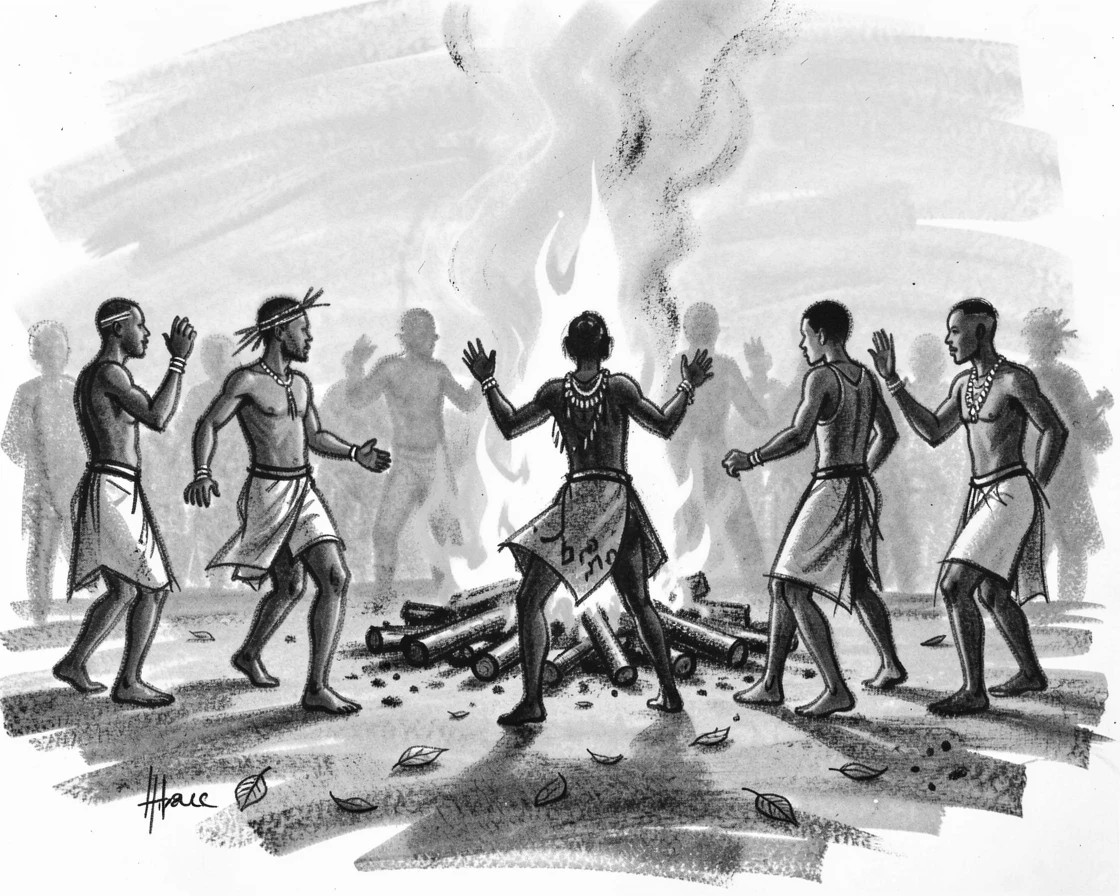 An African tribal dance ceremony around a bonfire, as golden afternoon sun spills across the scene.