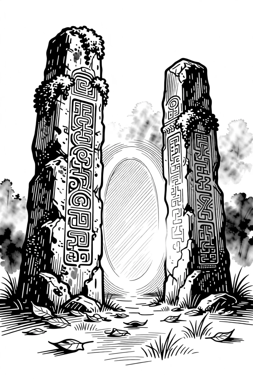A mystical portal glowing between two ancient standing stones.