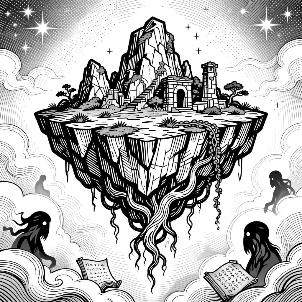 A floating island held aloft by ancient magic surrounded by swirling mist and starlight, with shadows shaped like whispered stories, forming a mysterious and enchanting fantasy scene.