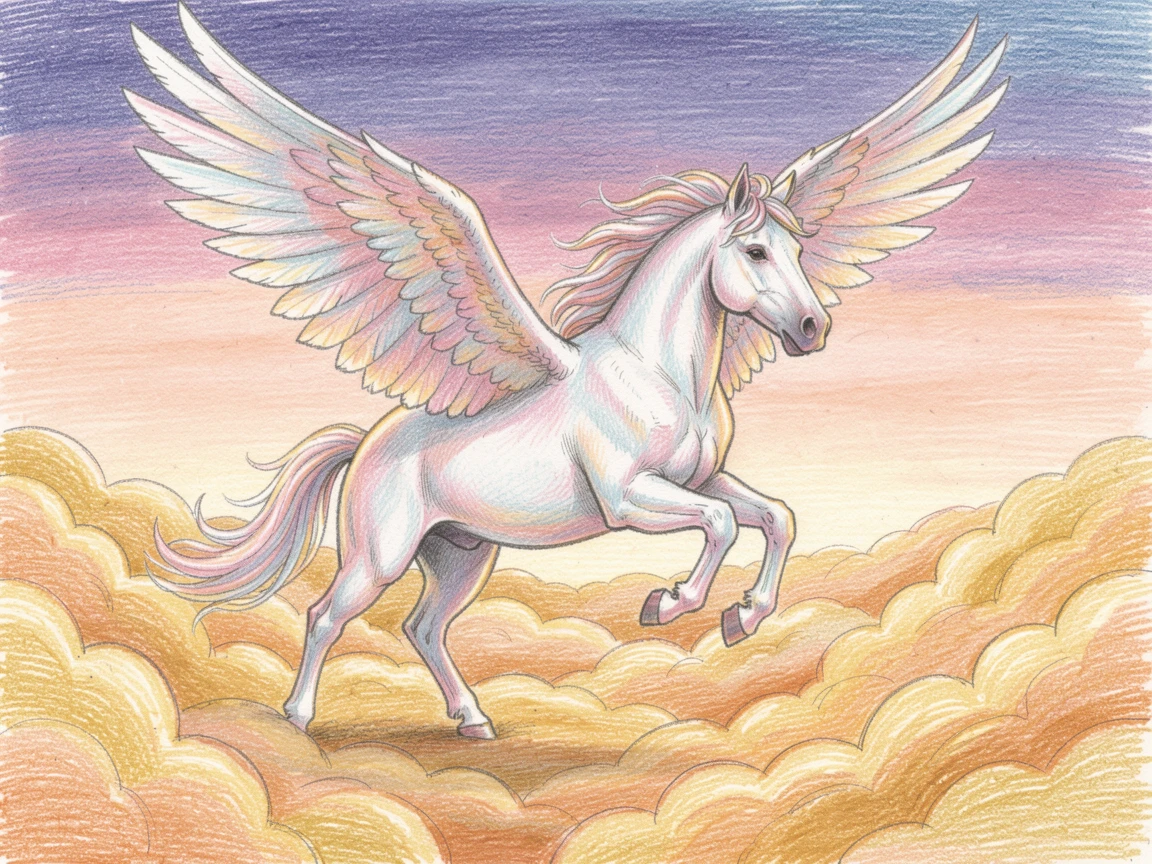 A pegasus soaring above golden clouds at sunset, set against a softly lit, atmospheric backdrop, designed to feel inviting, memorable, and shareable.