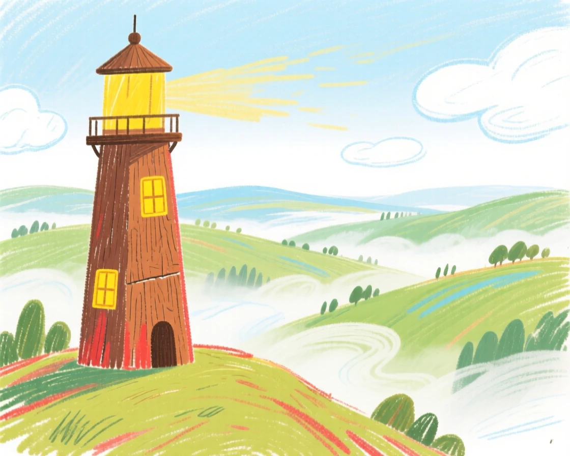 A wooden lighthouse overlooking a valley filled with morning mist.