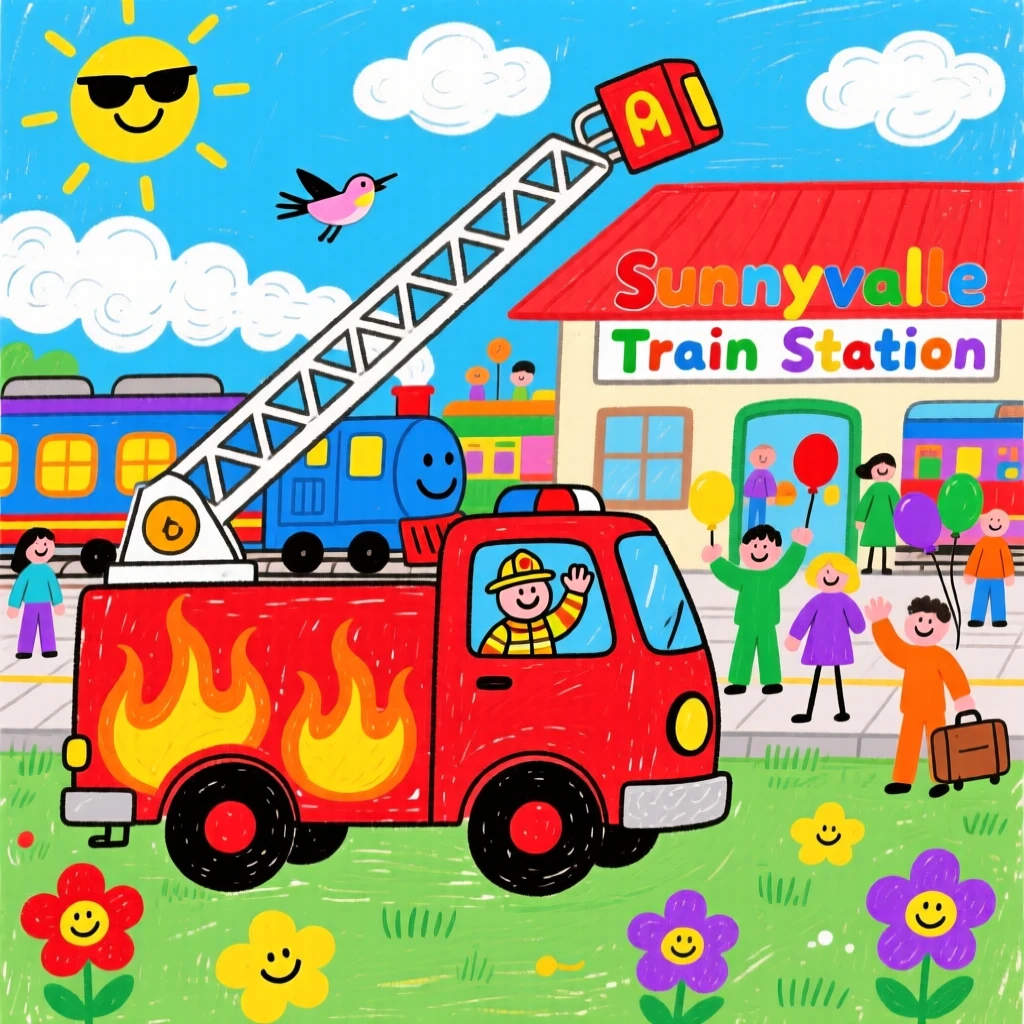 A shiny fire engine ladder truck loading up at a bustling train station.