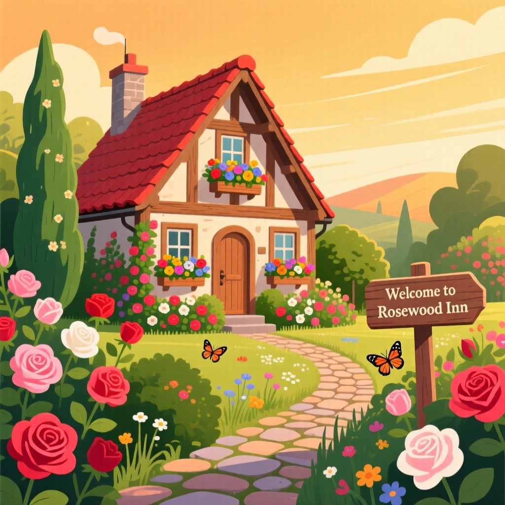A charming countryside inn with a garden full of roses, under a warm golden afternoon sky, arranged with vibrant foreground elements framing the view, with a joyful, adventurous atmosphere.
