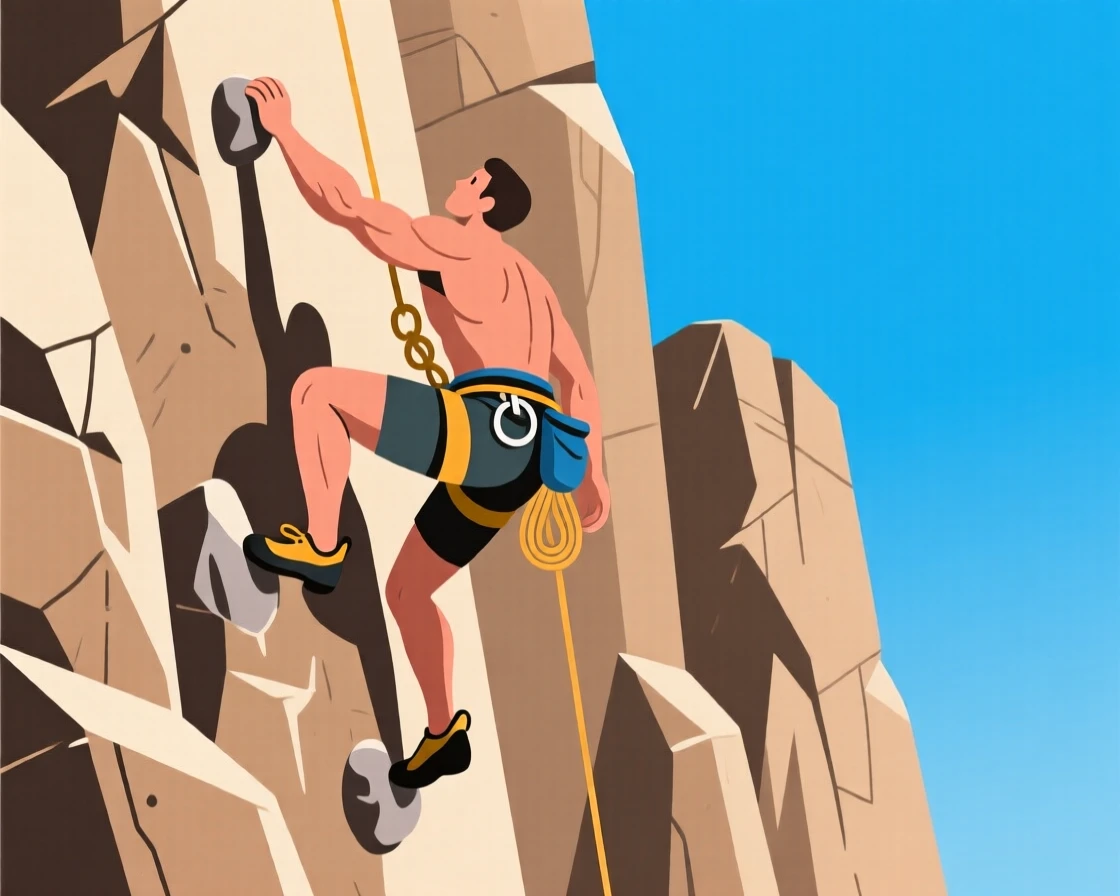 A rock climber scaling a dramatic cliff face against a blue sky.