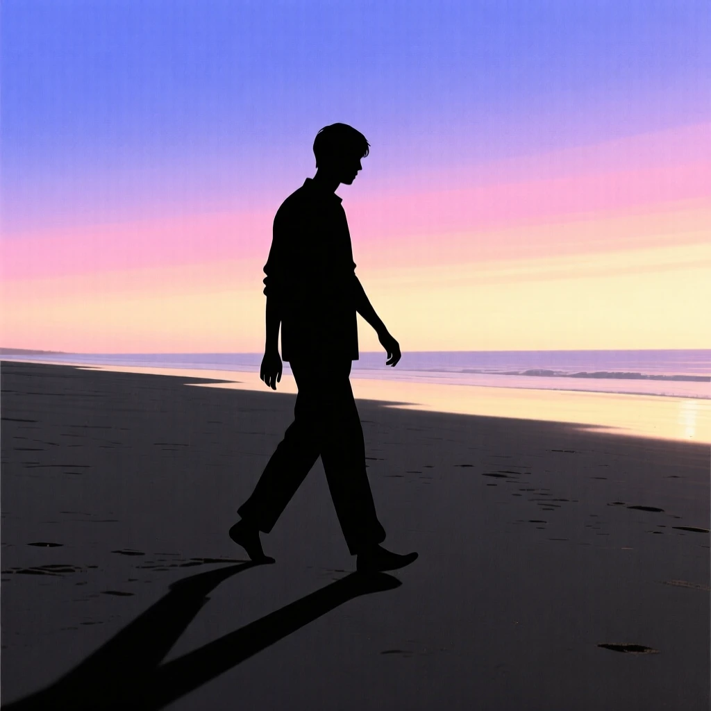 A person walking slowly across an empty beach at first light.