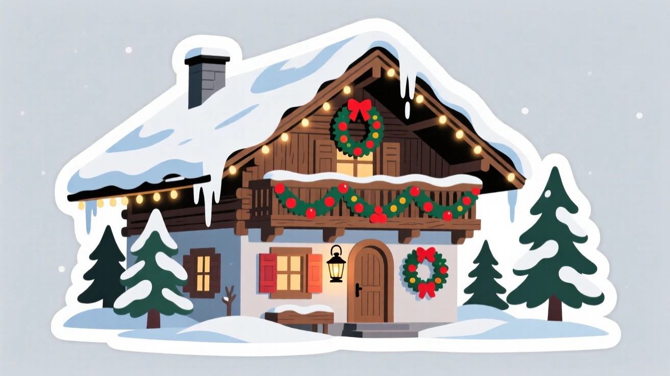 A charmingly authentic Swiss alpine chalet covered in snow, captured during a festive celebration, in a moment worth remembering forever.