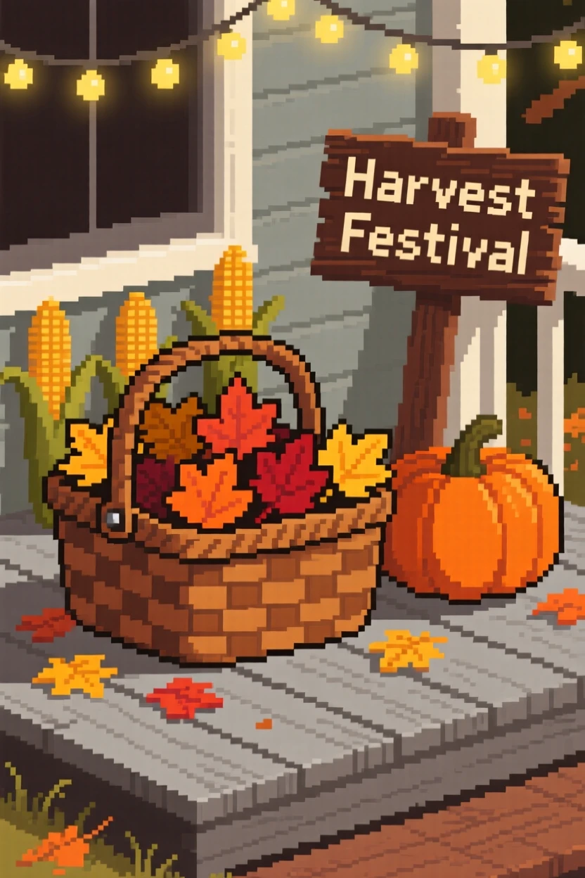 A picnic basket in a summer meadow piled high with autumn leaves, on a porch decorated for a harvest festival.