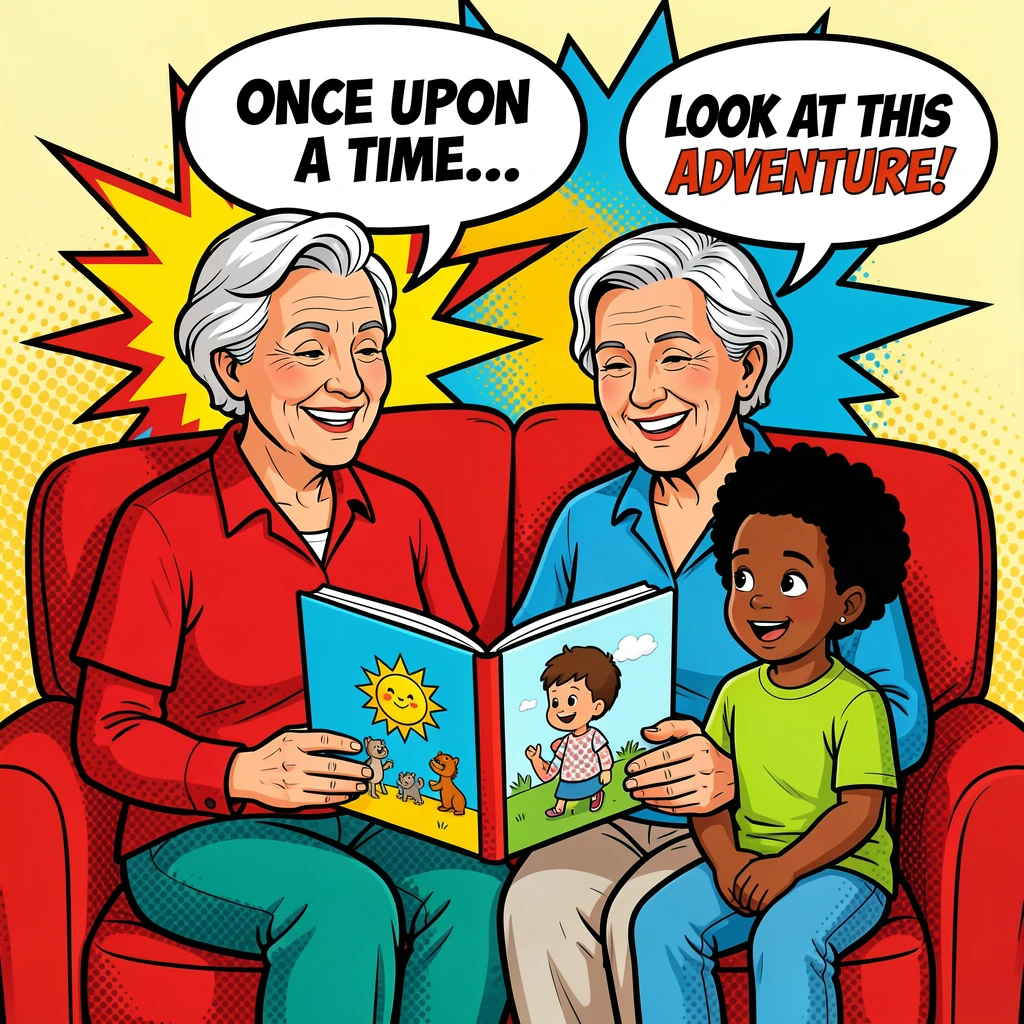 Grandparents reading a picture book with their grandchildren