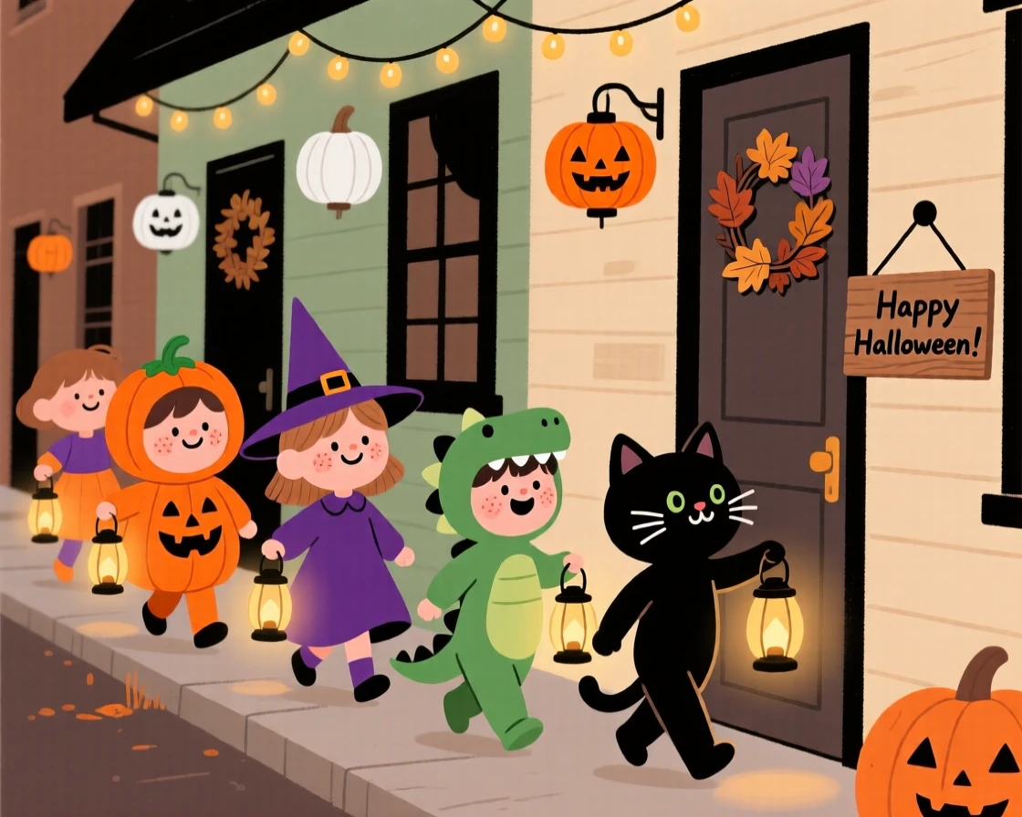 Children in colorful costumes carry lanterns through a row of porches decorated for Halloween, giggling at every doorway.