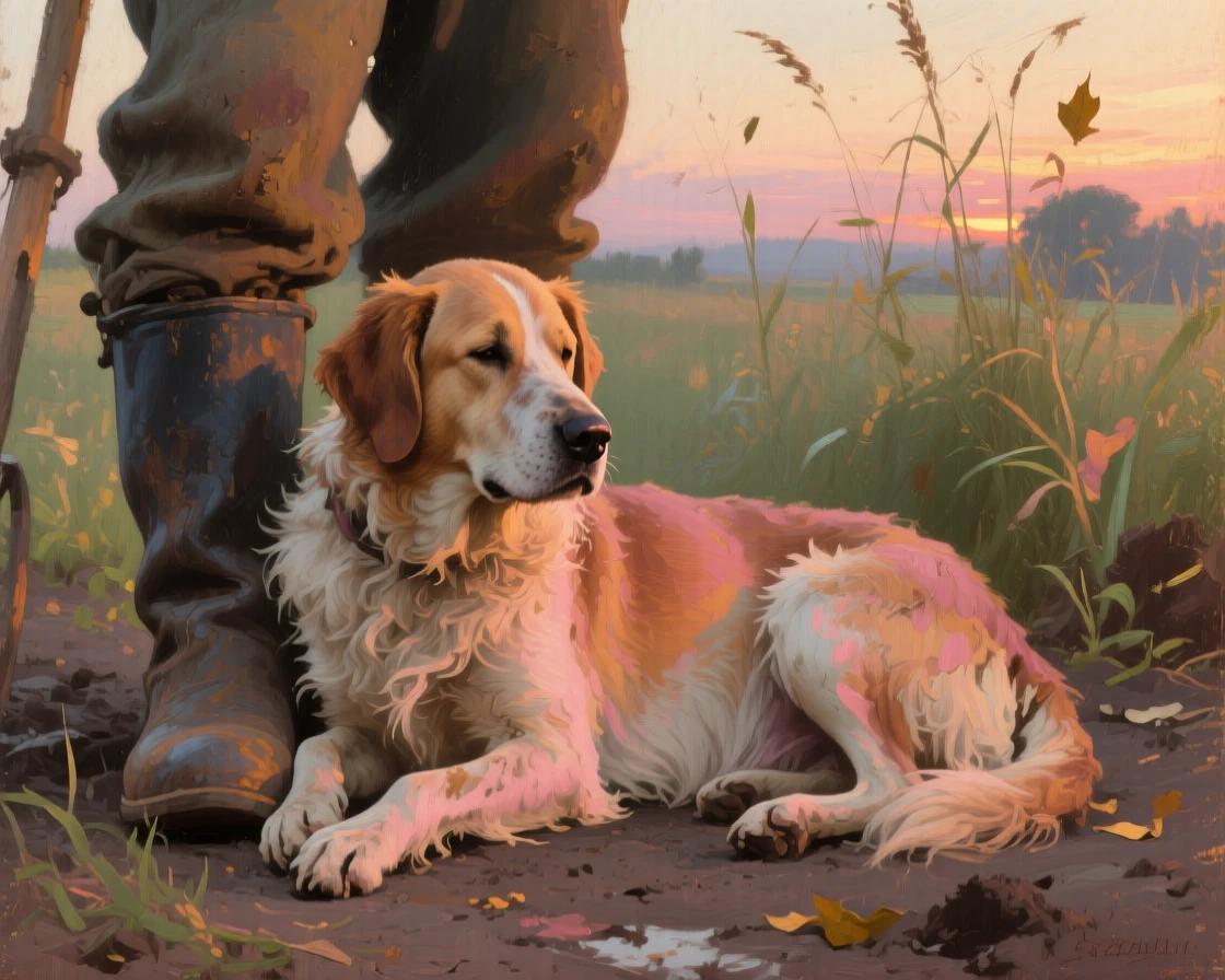 A medium shot of a farmer's dog resting at his feet during a break from work, at the start of a humid summer, at dusk.