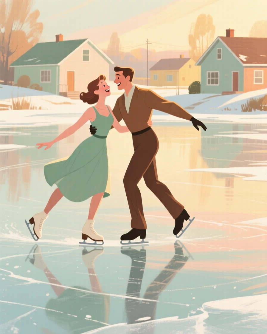 A pair of ice skaters gliding across a frozen village pond
