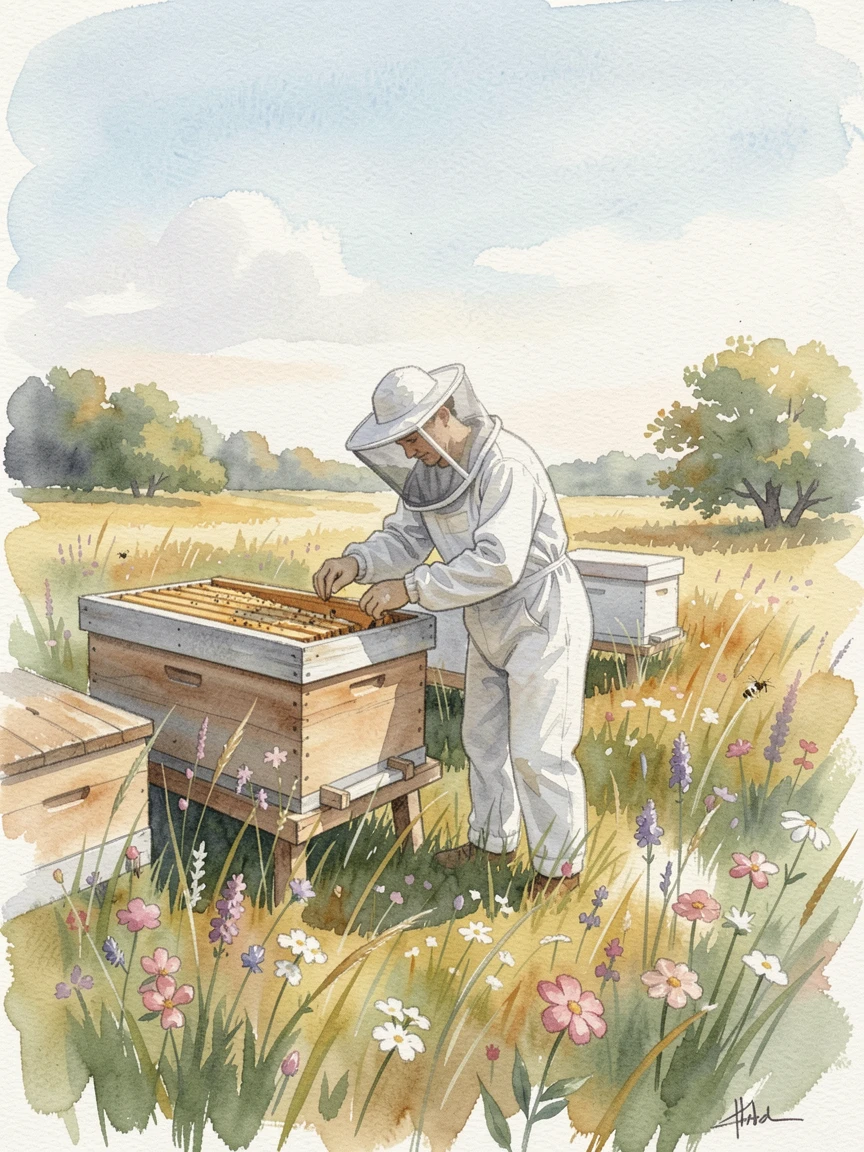 A beekeeper tending to hives in a summer meadow with soft natural light illuminating the scene.