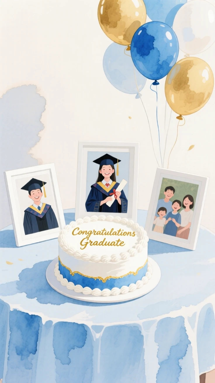 A table set for a graduation celebration features balloons, a cake, and framed photos of the graduate