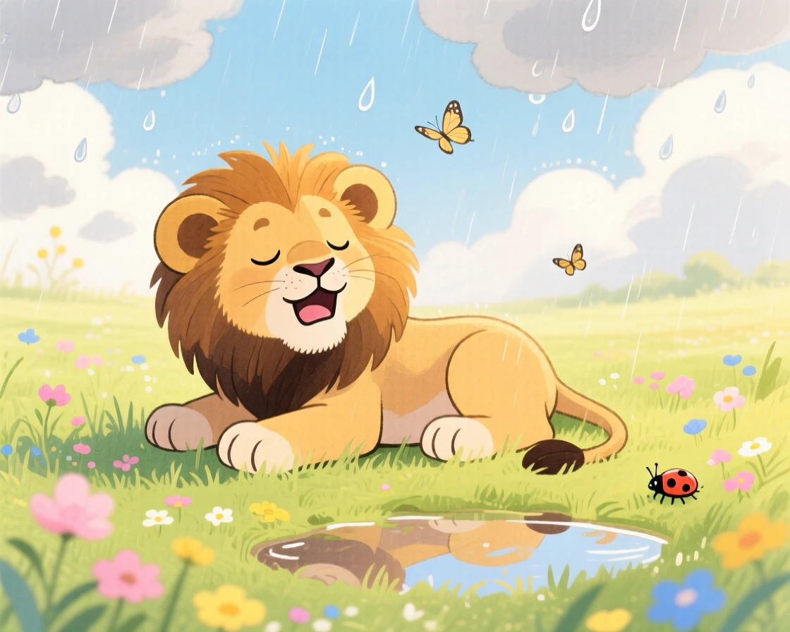 A lion cub practicing a roar resting peacefully in a sunlit meadow during a gentle rain.