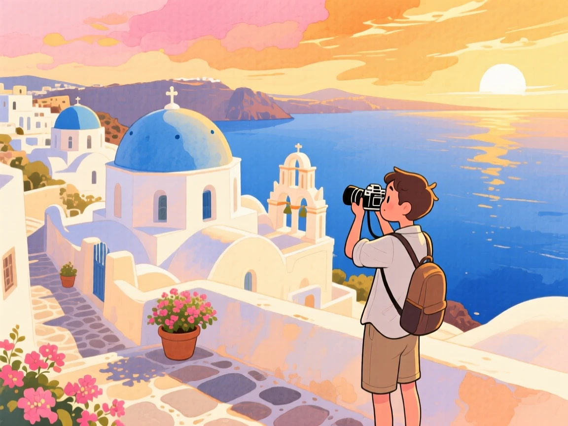 A photographer captures the golden light amid the white-domed rooftops of Santorini overlooking the sea, radiating cultural warmth and beauty.